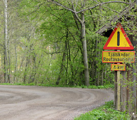 Vägmärket varnar för tjälskador på grusväg.