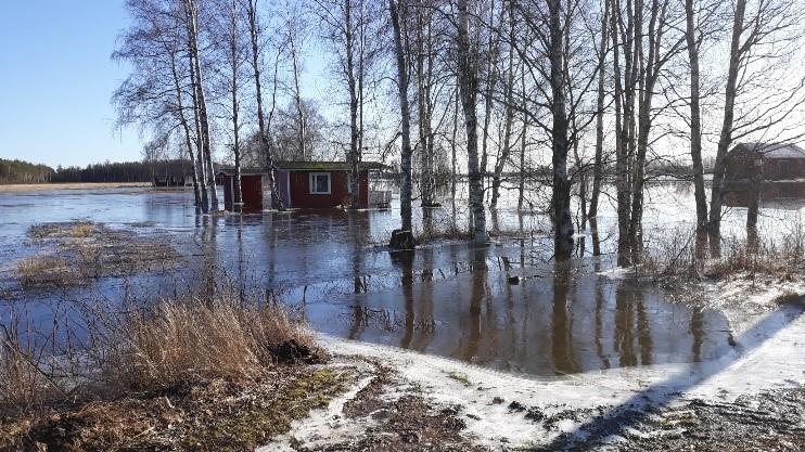 Tulvanäkymä Kokemäenjoella. Veden keskellä on rakennuksia.