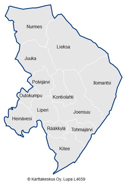 Pohjois-Karjalan kartta, johon merkitty kuntien nimet.
