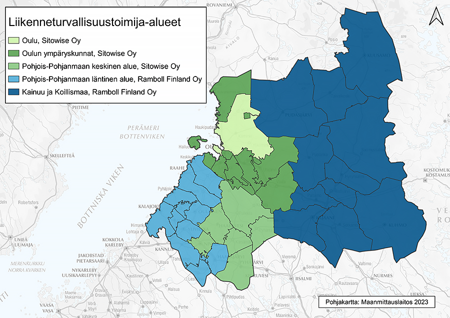 Oulussa, Oulun ympäryskunnissa ja Pohjois-Pohjanmaan keskisellä alueella Sitowise Oy, Kai-nuussa, Koillismaalla ja Pohjois-Pohjanmaan läntisellä alueella Ramboll Finland Oy .