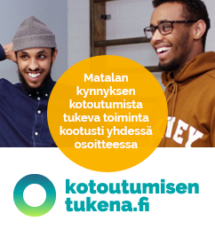Banner, som har text: Matalan kynnyksen kotoutumista tukeva toiminta kootusti yhdessä osoitteessa kotoutumisentuki.fi.