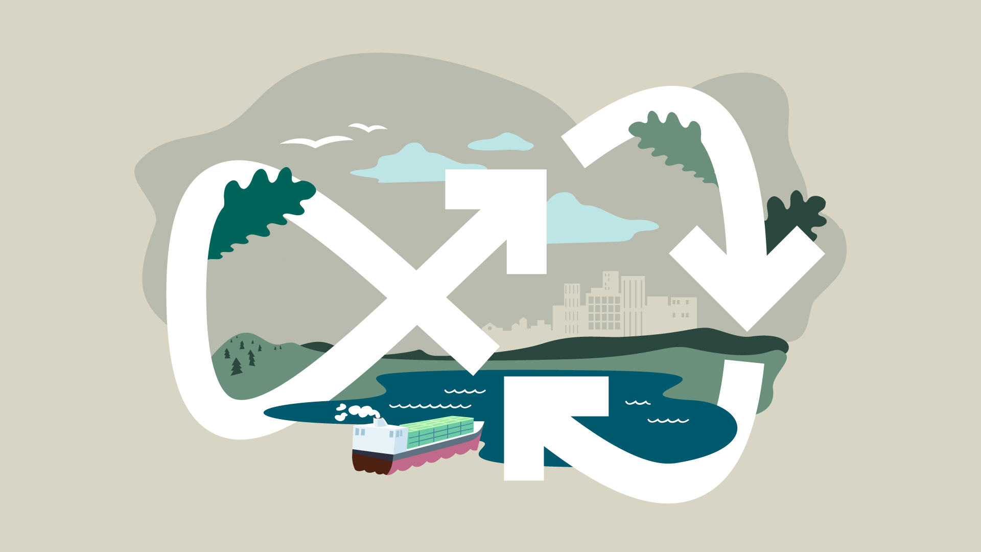 Maisemakuva vesistön takana siintävästä kaupungista. Etualalla kierrätysmerkki ja konttilaiva.