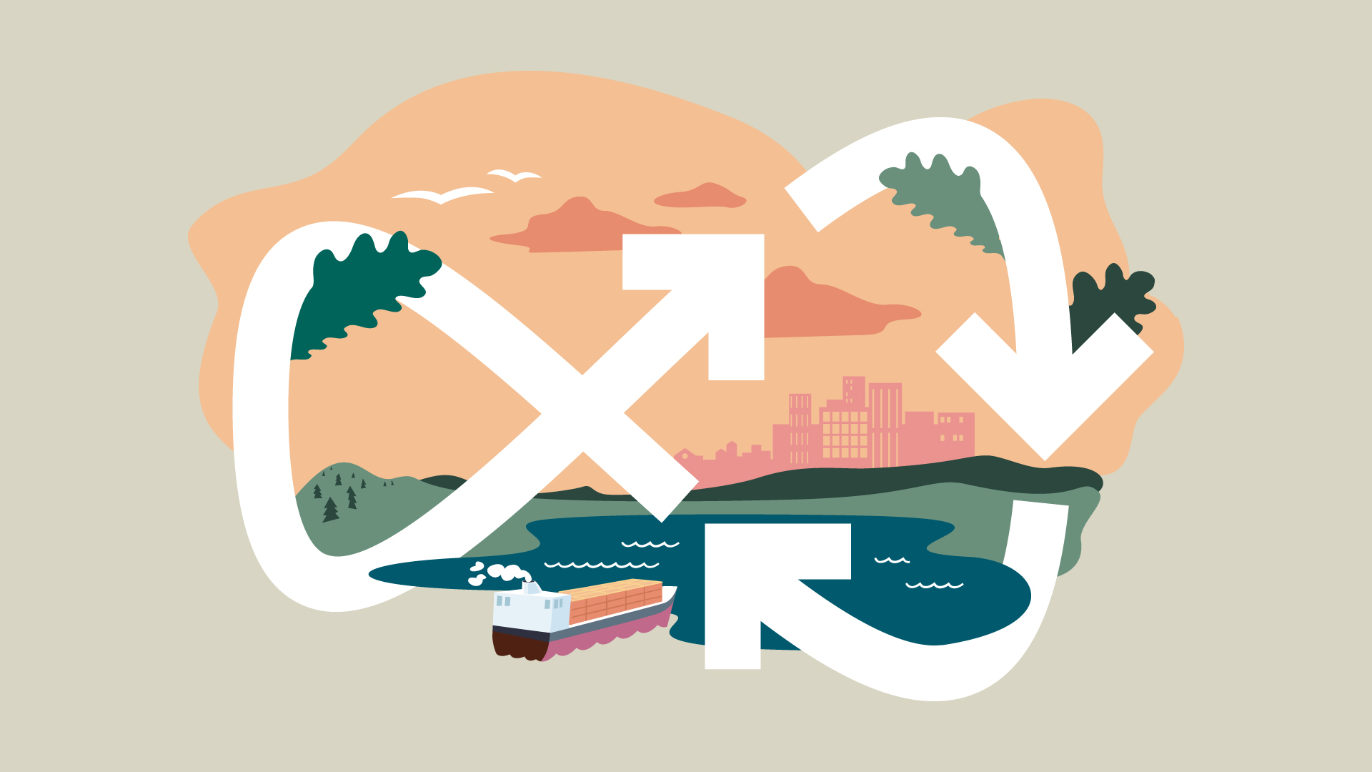 Maisemakuva vesistön takana siintävästä kaupungista. Etualalla kierrätysmerkki ja konttilaiva.