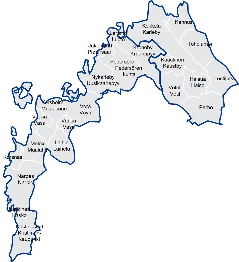 Karta över Österbottens och Mellersta Österbottens kommuner.