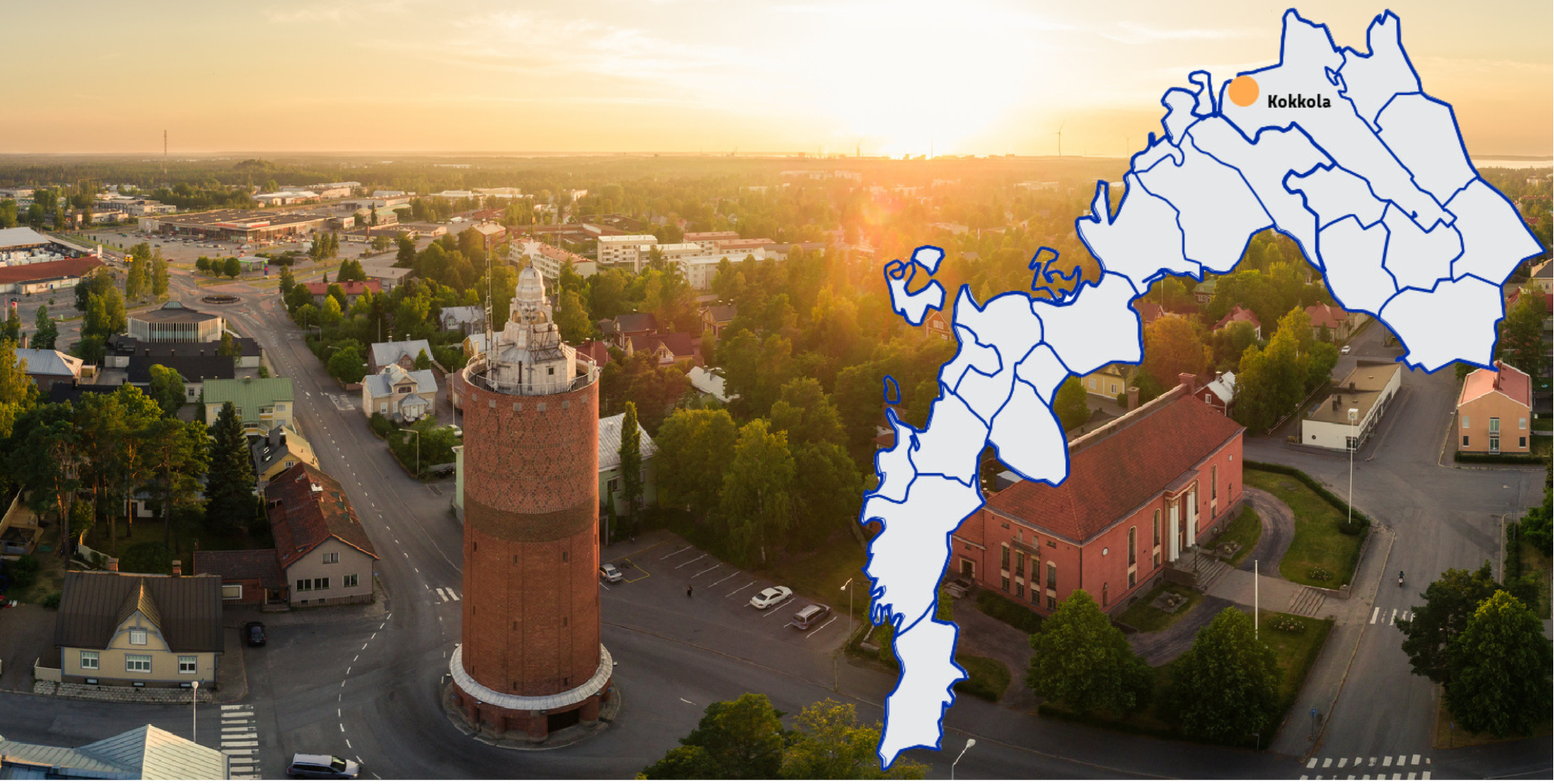 Kokkola city view and a picture of a map with Kokkola marked. 