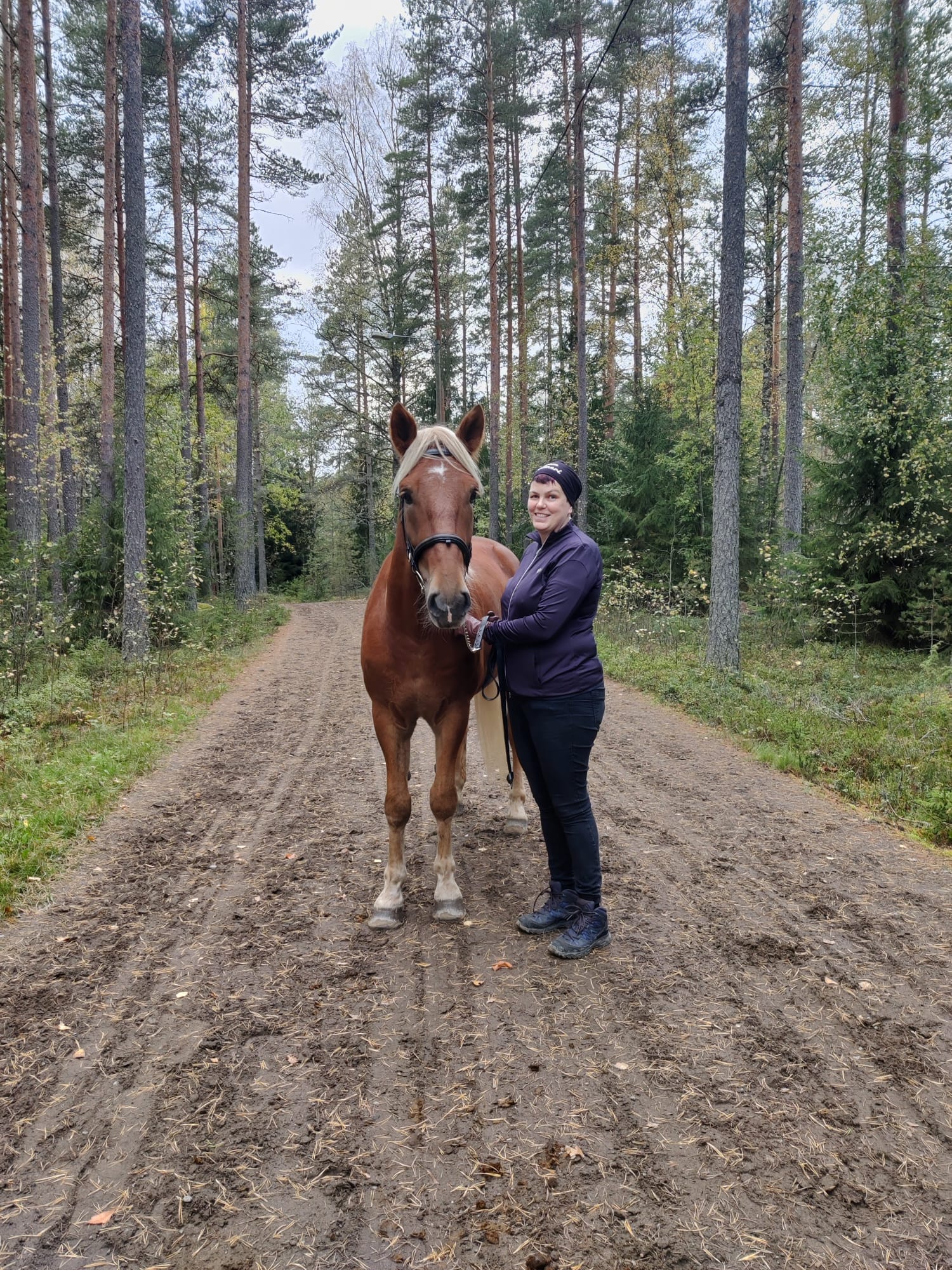 Hevonen ja Taina Salomäki lenkkipolulla pysähtyneenä. 