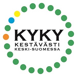 Logo, jossa teksti KYKY Kestävästi Keski-Suomessa ja useita värillisiä palloja ringissä tekstin ympärillä.