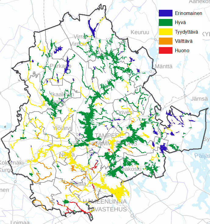 Kuva, joka sisältää kartan Pirkanmaan maakunnasta ja vesistöjen ekologisen tilan luokituksen. Tilaluokkia on viisi. Eteläisen Pirkanmaan vesistöt ovat pääsosin tyydyttävässä, pohjoisen Pirkanmaan hyvässä tilassa.