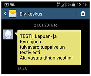 Viesti puhelimen näytöllä: Testi: Lapuan- ja Kyrönjoen tulvavaroituspalvleun testiviesti. Älä vastaa tähän viestiin!